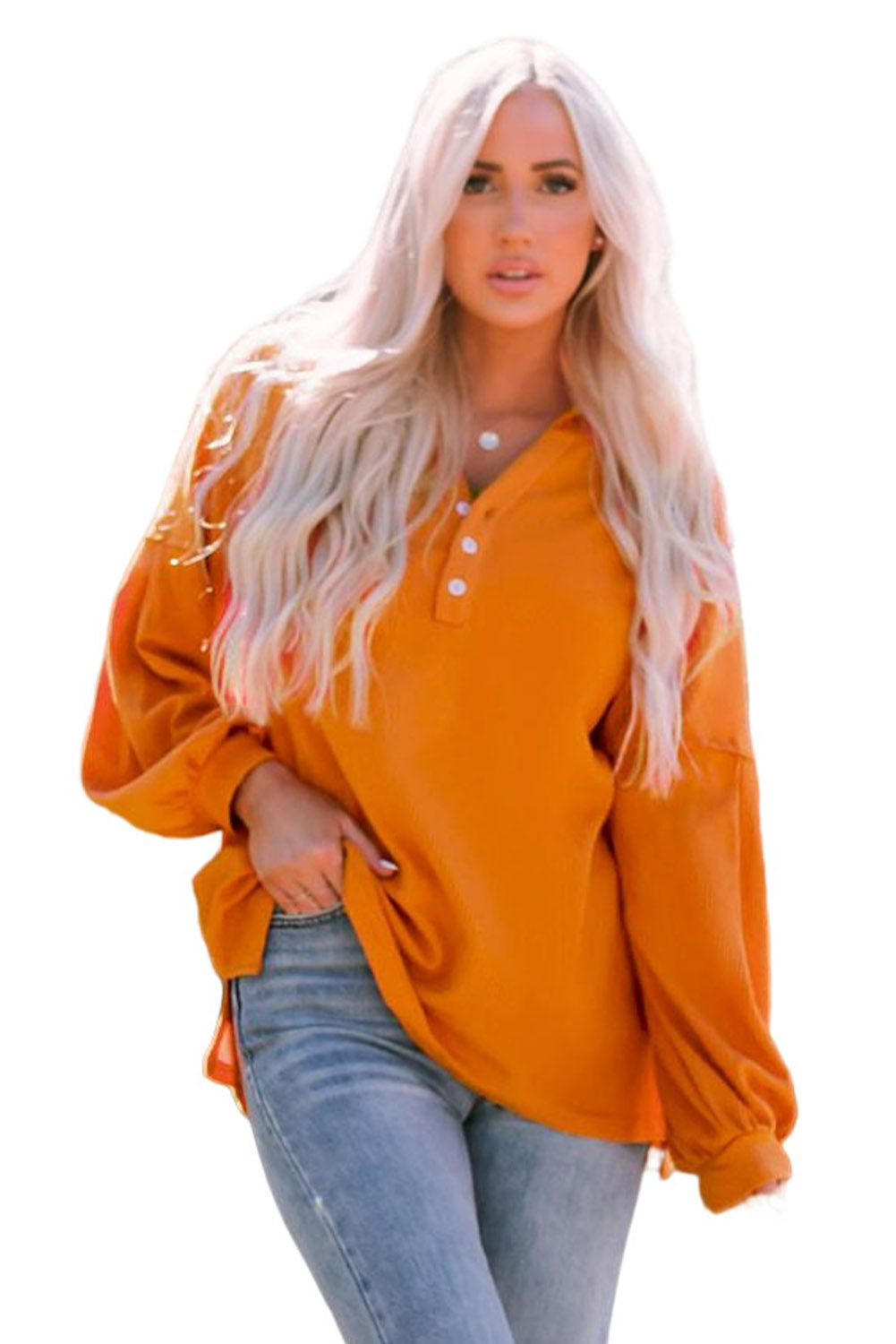 Gray Buttoned V Neck Drop Shoulder Waffle Knit Top