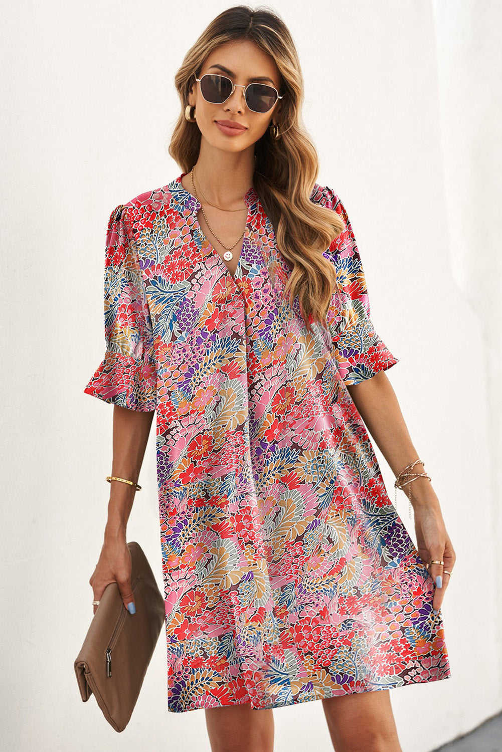 Multicolor Boho Floral Printed Flutter Sleeve Dress