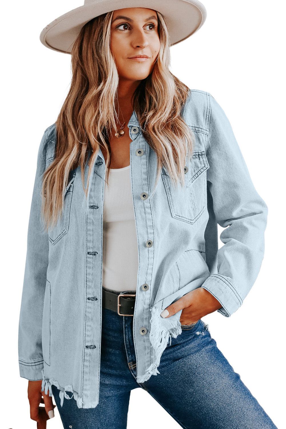 Flap Pocket Buttoned Raw Hem Denim Jacket