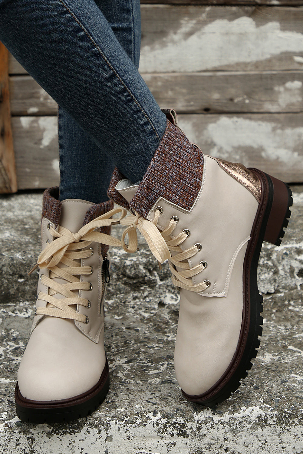 Black Knitted Patched Lace-up Heeled Ankle Boots