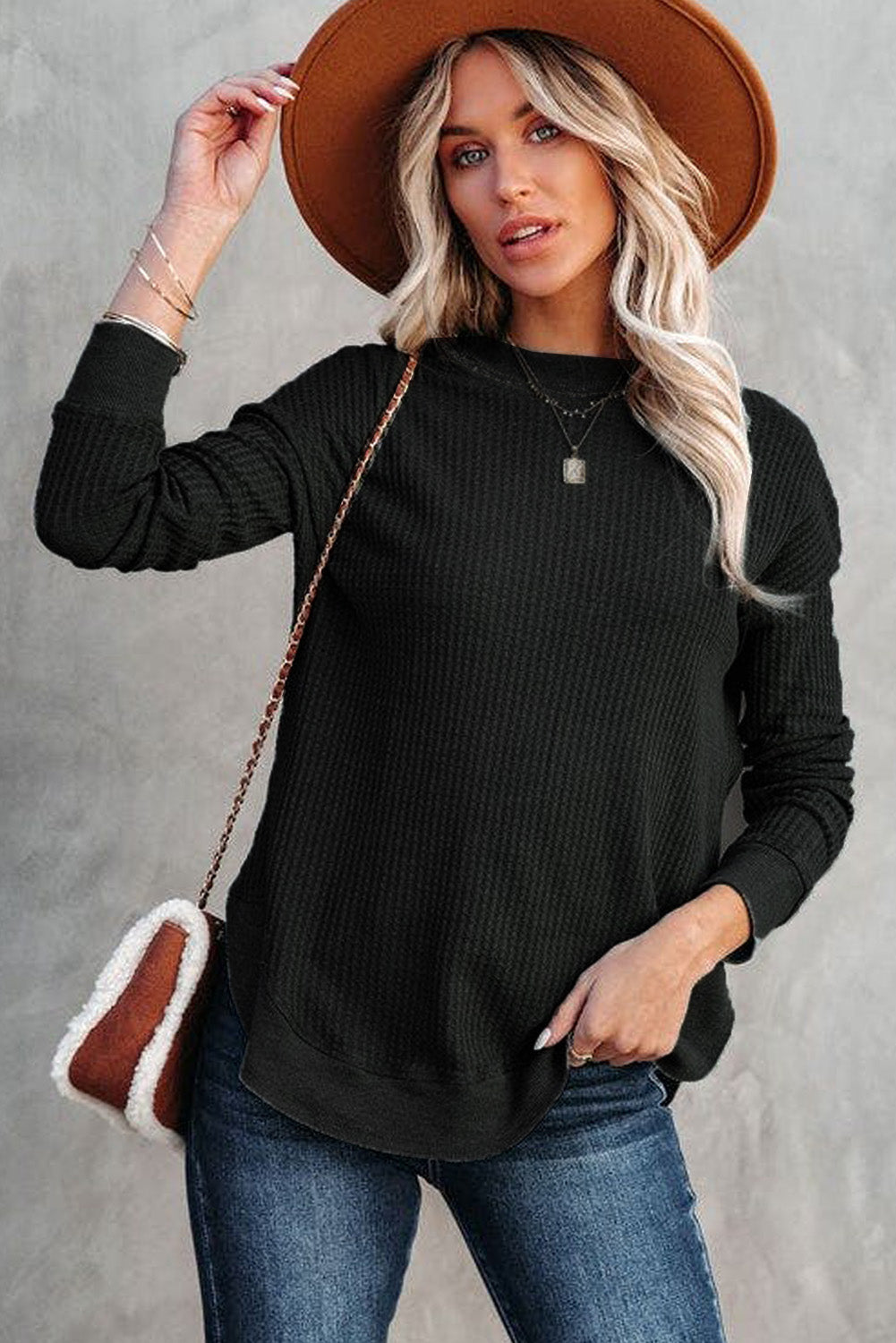 Apricot Crew Neck Ribbed Trim Waffle Knit Top