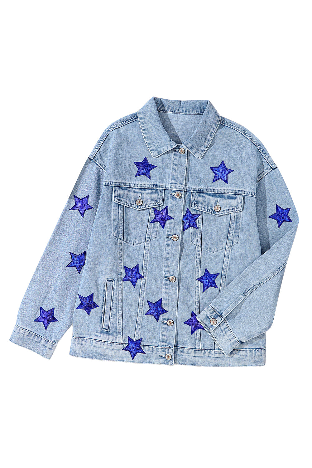 Light Blue Sequin Star Flap Pocket Denim Jacket