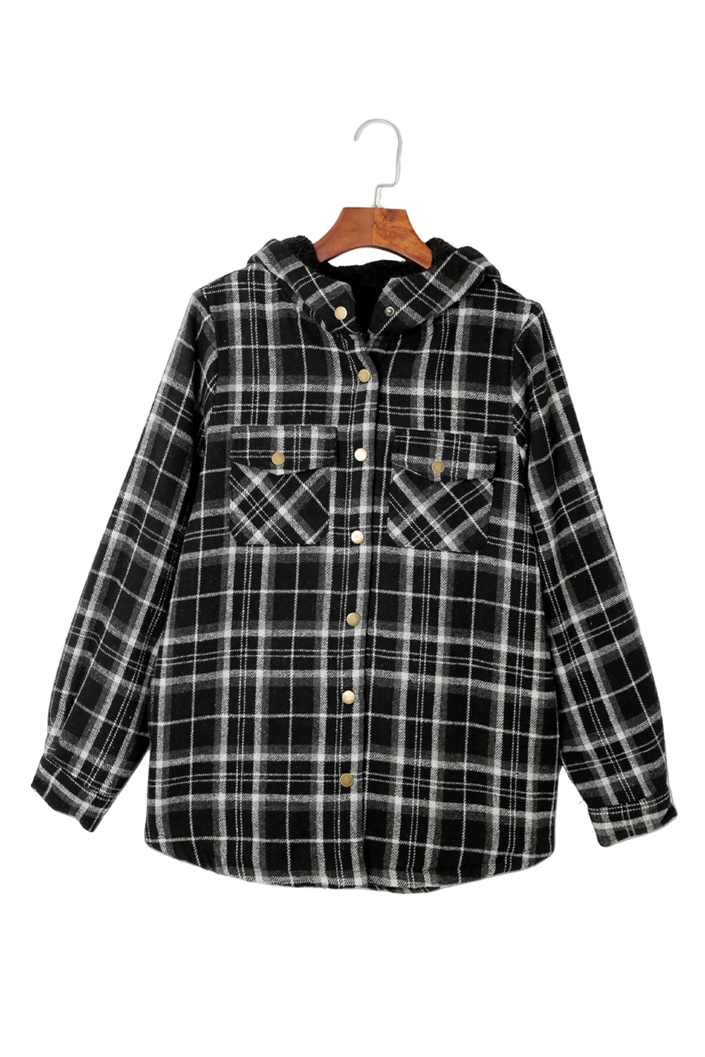 Blue Plaid Pattern Sherpa Lined Hooded Shacket