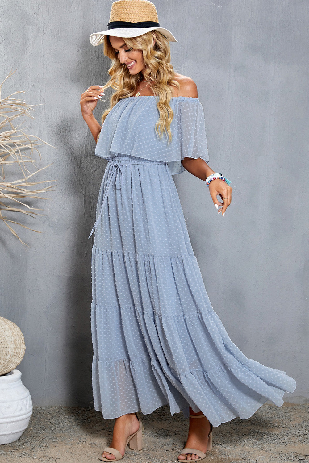 Sky Blue Yellow Yellow Off Shoulder Ruffle Swiss Dot Maxi Dress
