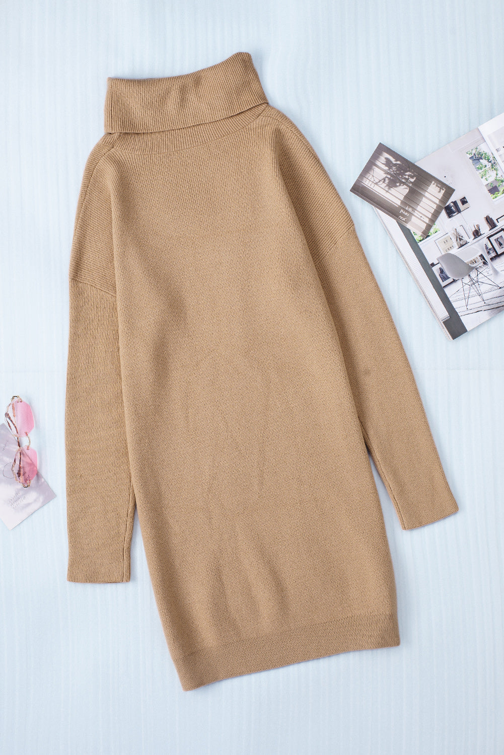 Brown Turtleneck Long Sleeve Knitted Sweater Dress
