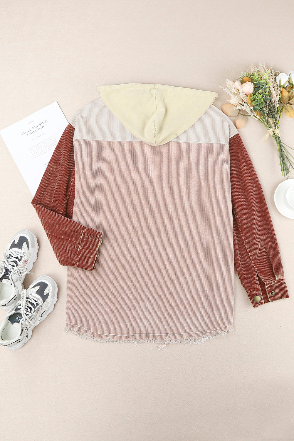 Color Block Button Down Hooded Corduroy Jacket