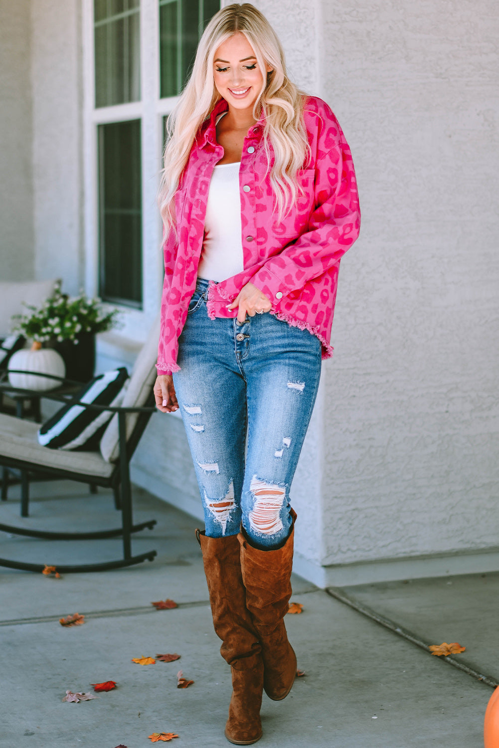 Leopard Print Button Cuffs Raw Hem Jacket