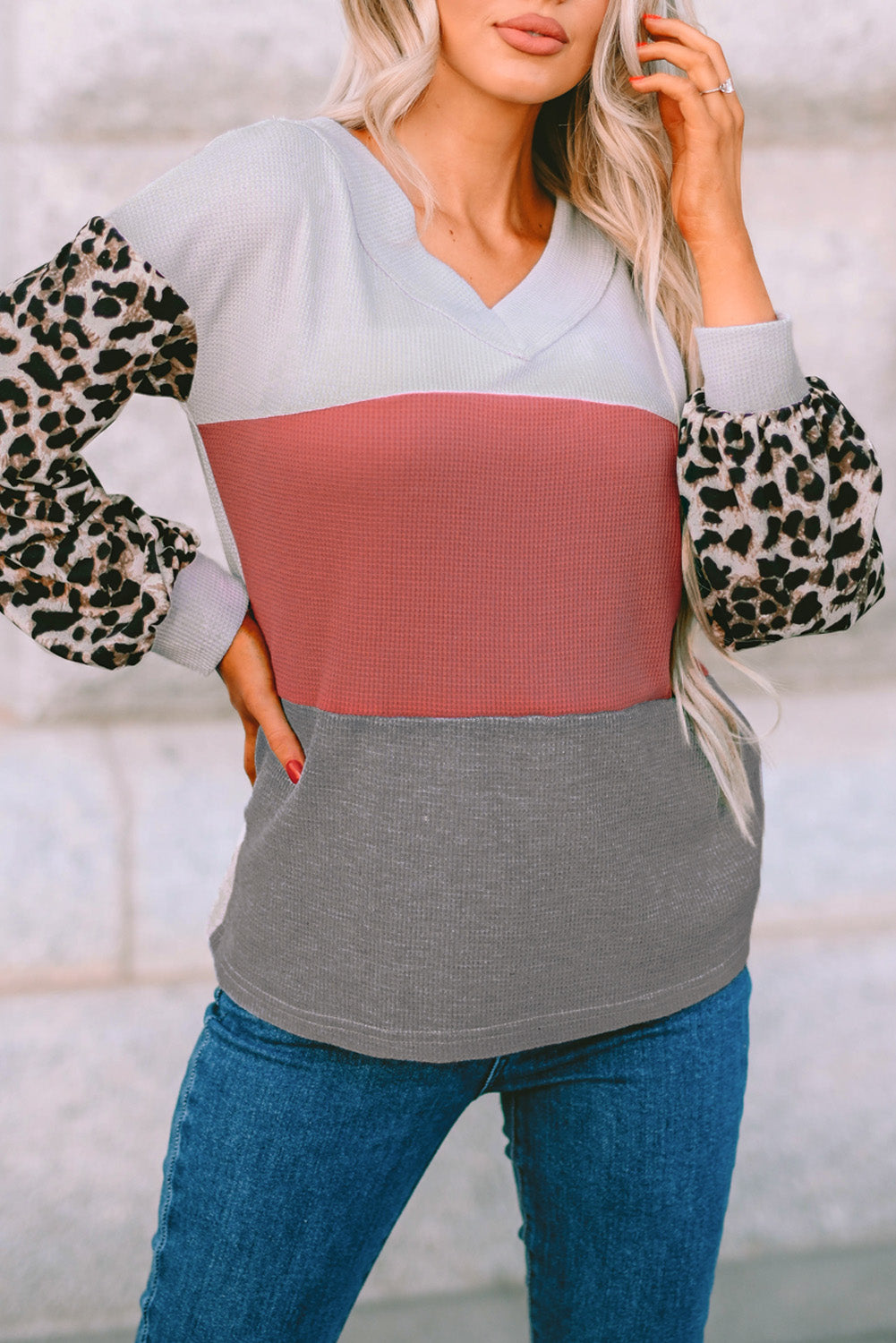 Apricot Wild Leopard Contrast Sleeve Colorblock Waffle Knit Top