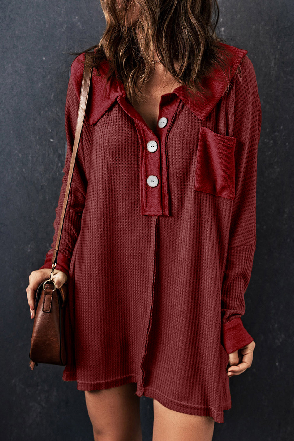 Black Waffle Knit Buttoned Long Sleeve Top