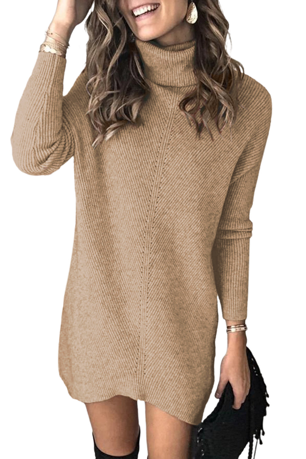 Brown Turtleneck Long Sleeve Knitted Sweater Dress