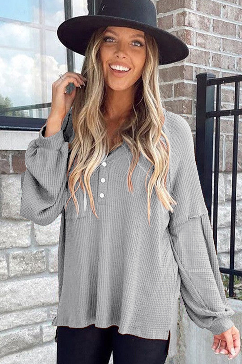 Gray Buttoned V Neck Drop Shoulder Waffle Knit Top