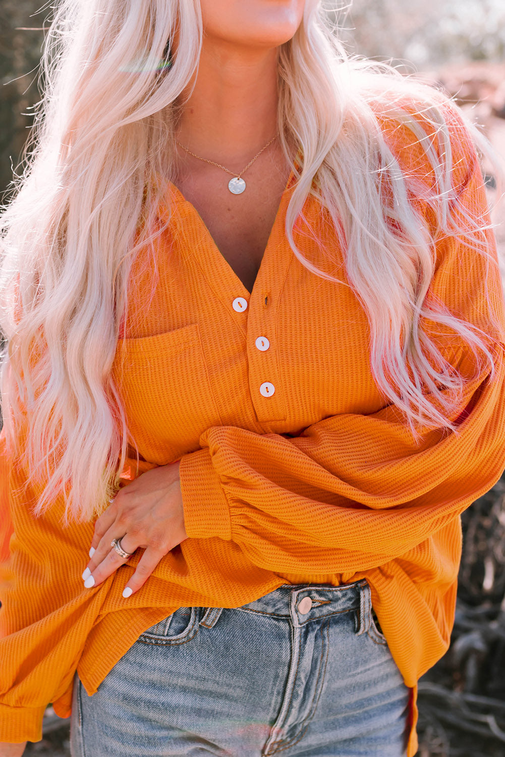 Gray Buttoned V Neck Drop Shoulder Waffle Knit Top