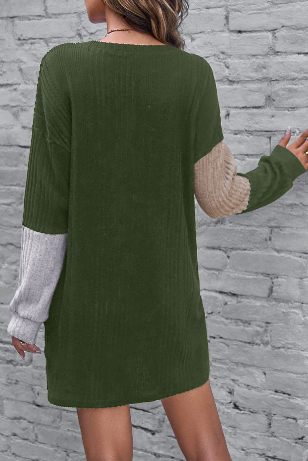 Chestnut Ribbed Color Block Drop Shoulder Long Sleeve Mini Dress
