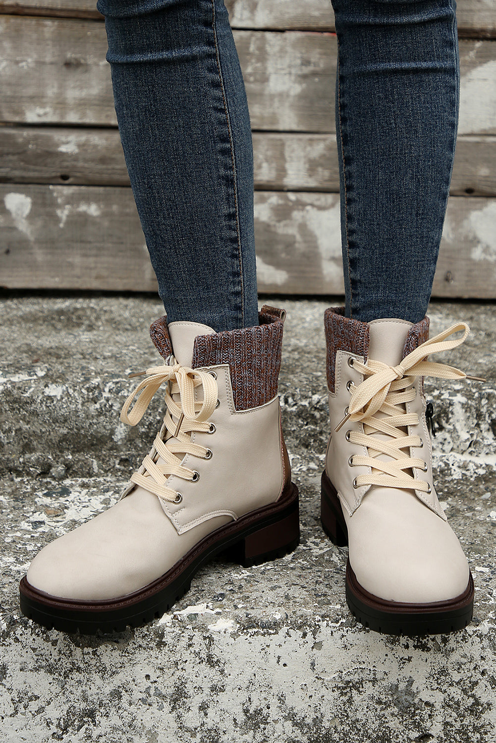Black Knitted Patched Lace-up Heeled Ankle Boots