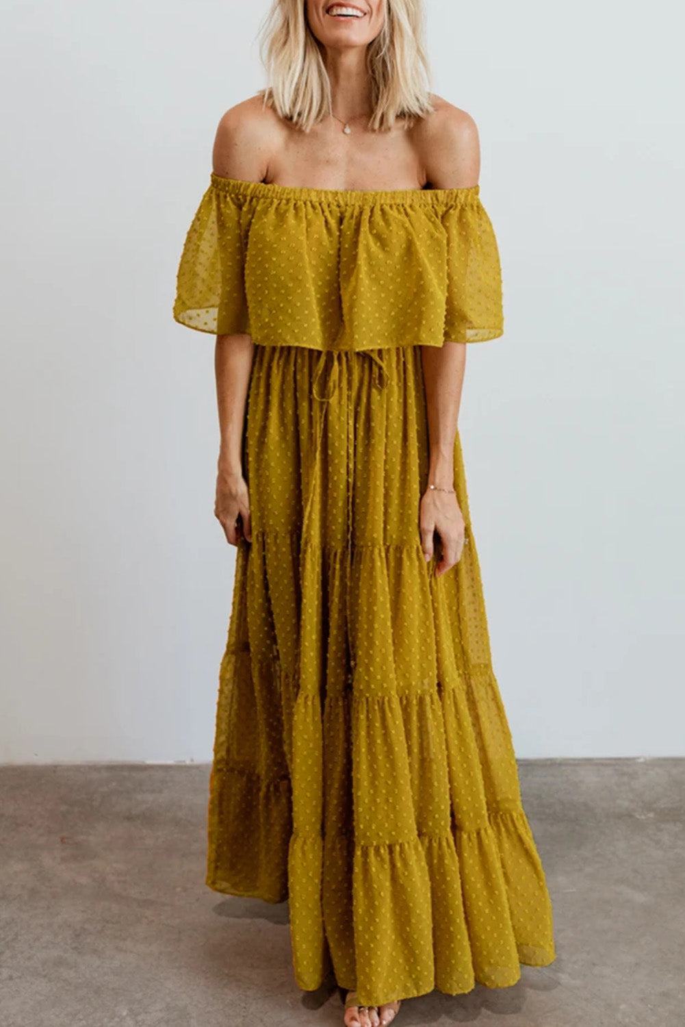 Sky Blue Yellow Yellow Off Shoulder Ruffle Swiss Dot Maxi Dress