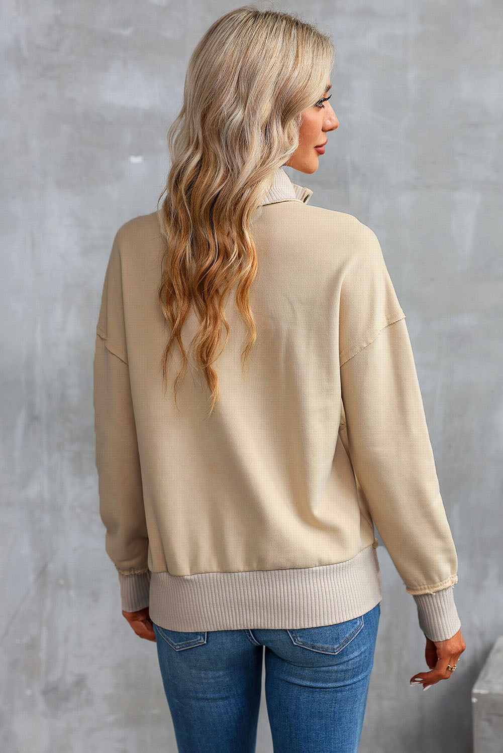 Gray Ribbed Hem Snap Button Neckline Sweatshirt with Pocket
