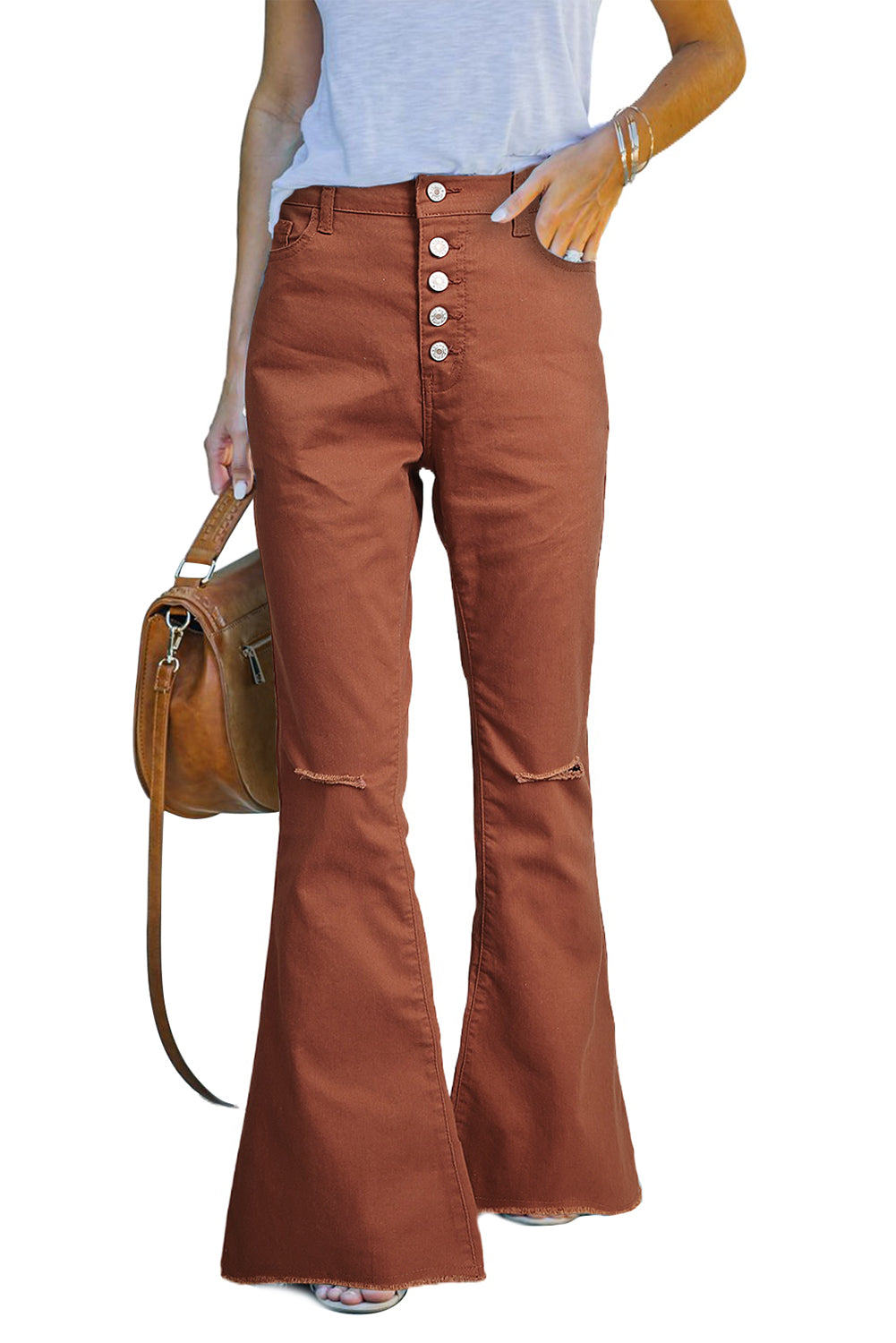 Sky Blue High Rise Distressed Bell Bottom Denims
