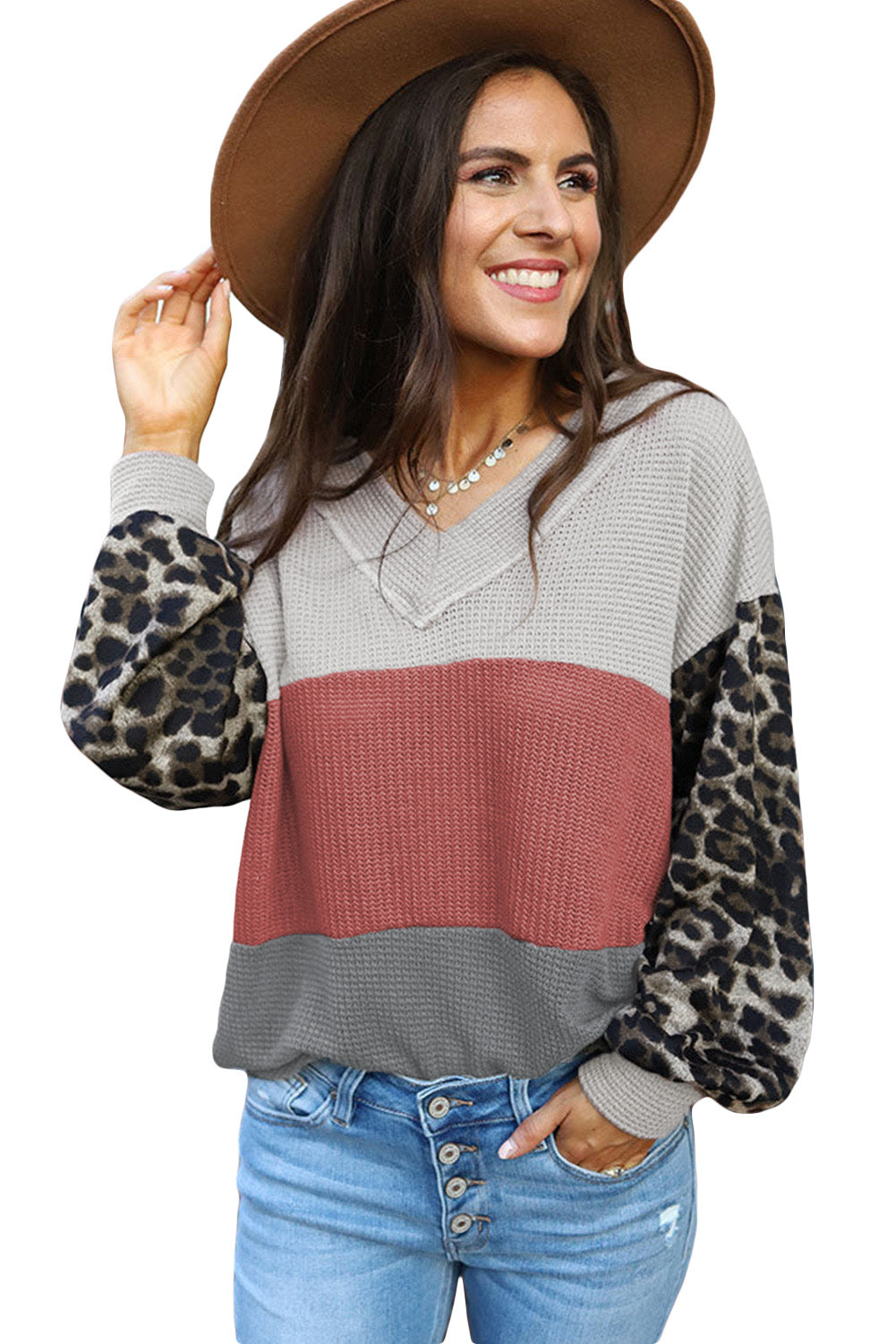 Apricot Wild Leopard Contrast Sleeve Colorblock Waffle Knit Top