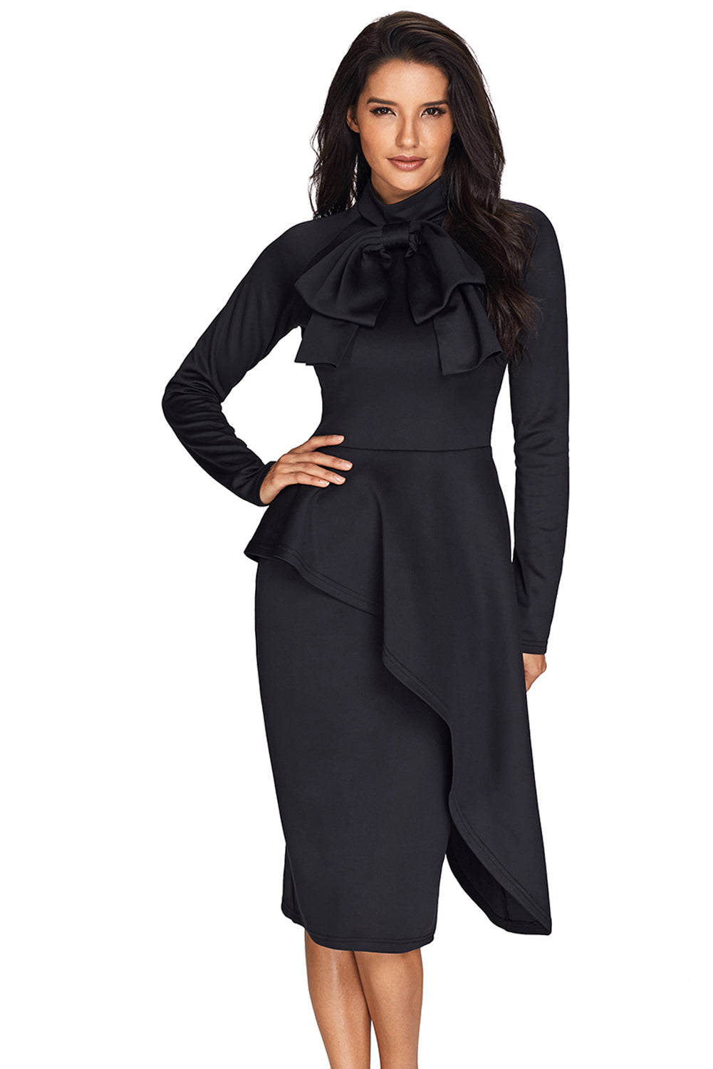 Black Asymmetric Peplum Style Pussy Bow Dress