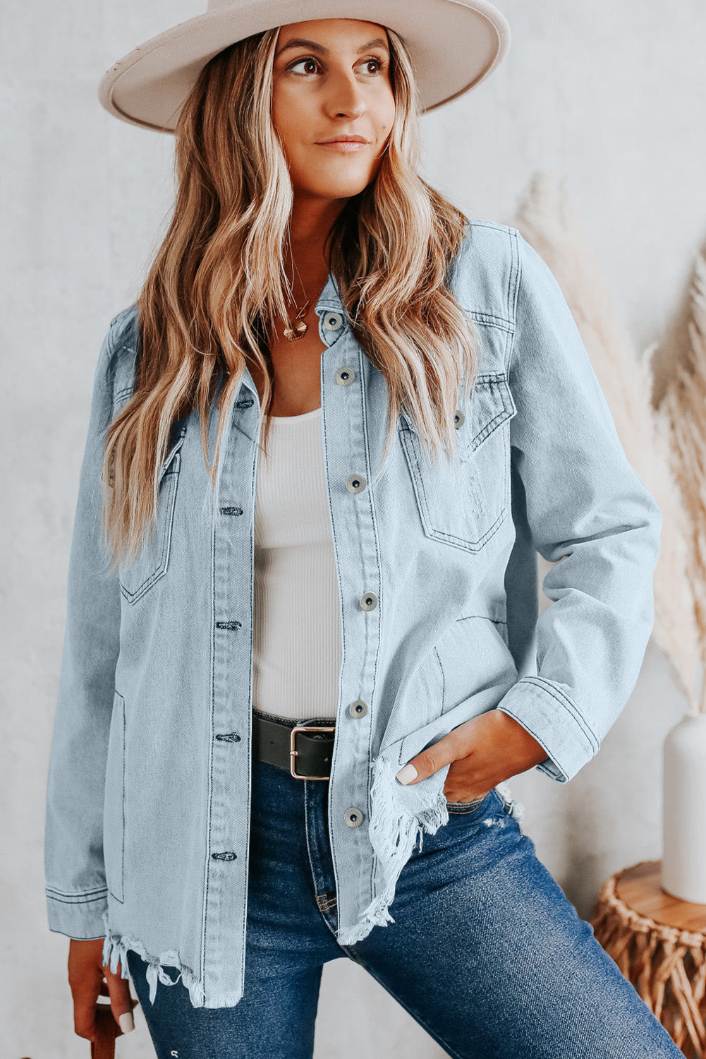 Flap Pocket Buttoned Raw Hem Denim Jacket