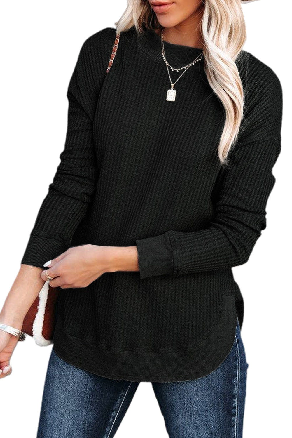 Apricot Crew Neck Ribbed Trim Waffle Knit Top