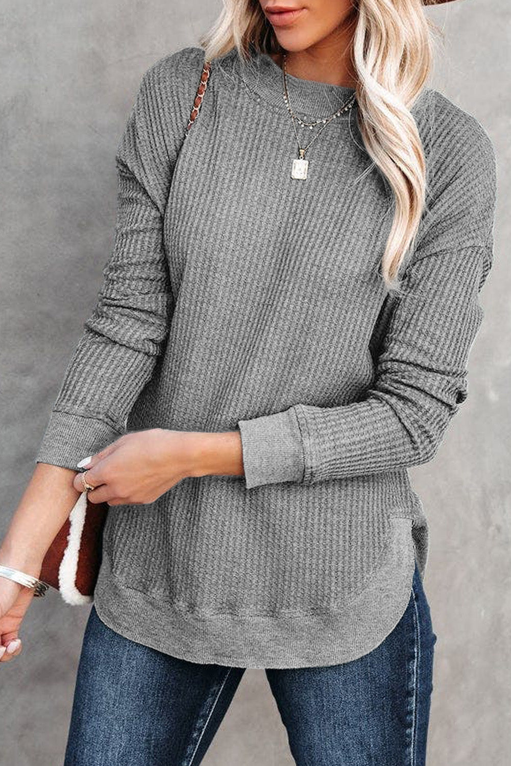 Apricot Crew Neck Ribbed Trim Waffle Knit Top