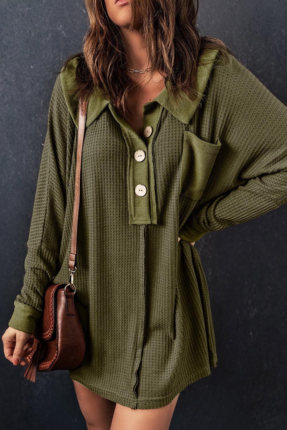 Black Waffle Knit Buttoned Long Sleeve Top
