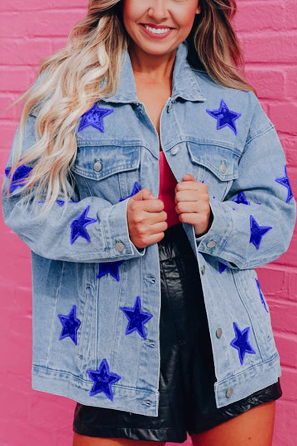 Light Blue Sequin Star Flap Pocket Denim Jacket