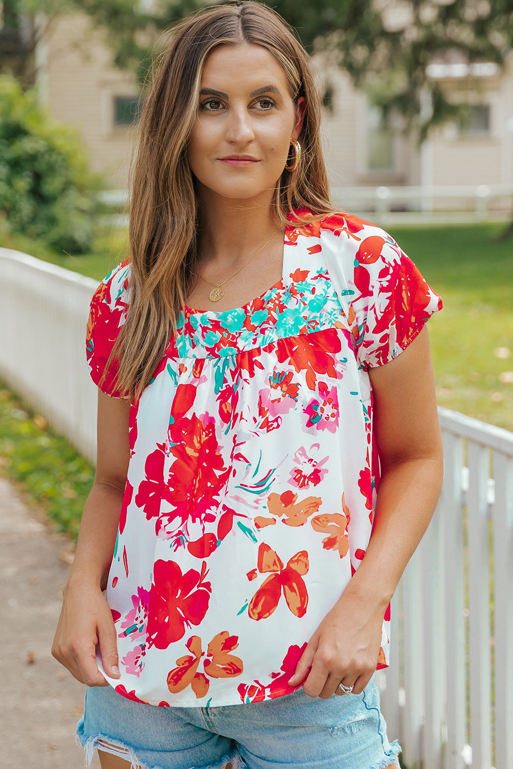 Red Floral Printed Square Neck Blouse