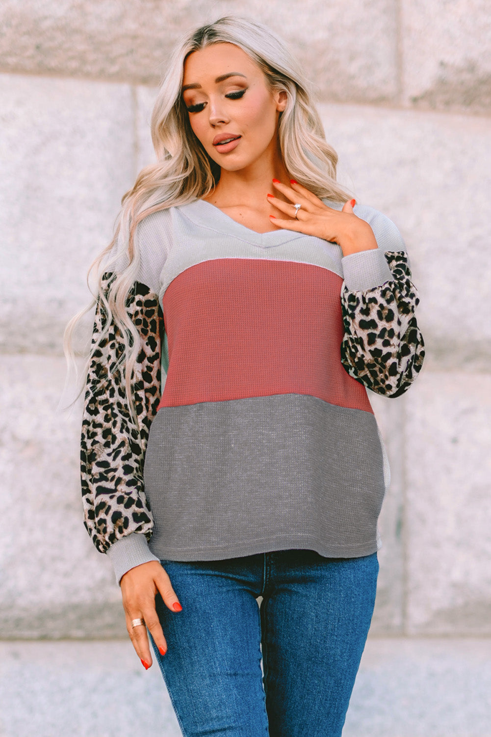 Apricot Wild Leopard Contrast Sleeve Colorblock Waffle Knit Top