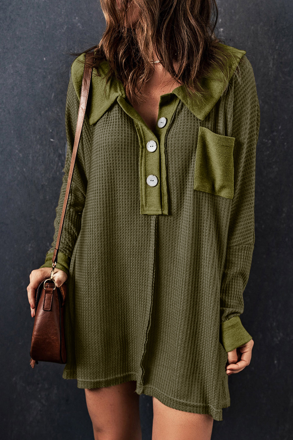 Black Waffle Knit Buttoned Long Sleeve Top