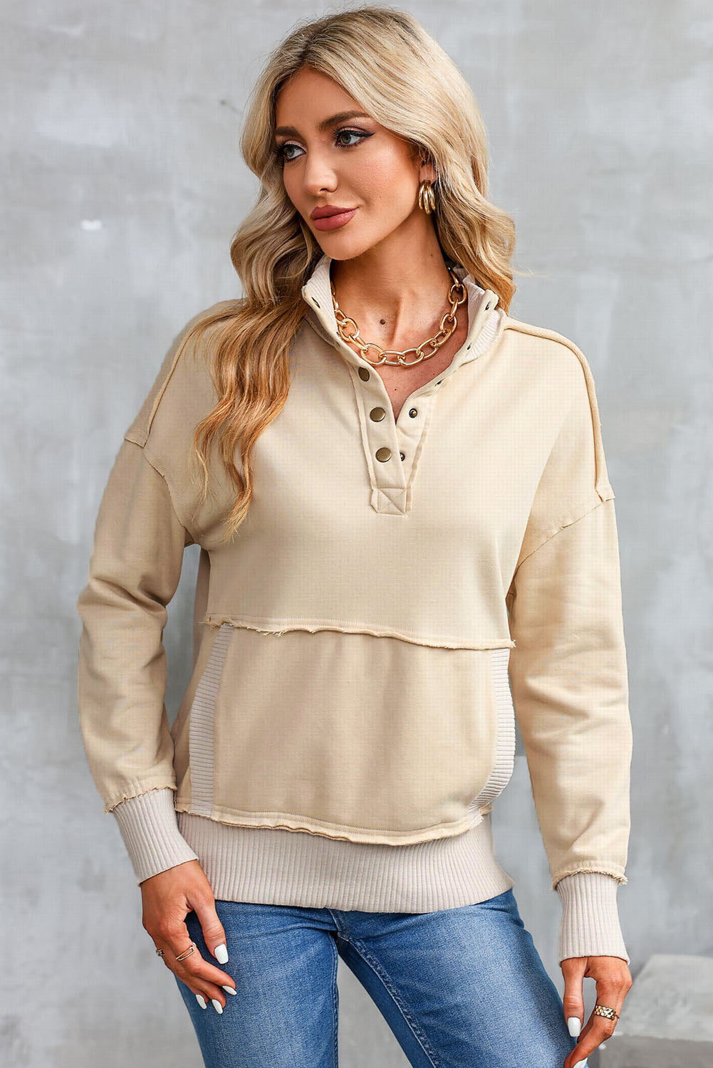Gray Ribbed Hem Snap Button Neckline Sweatshirt with Pocket