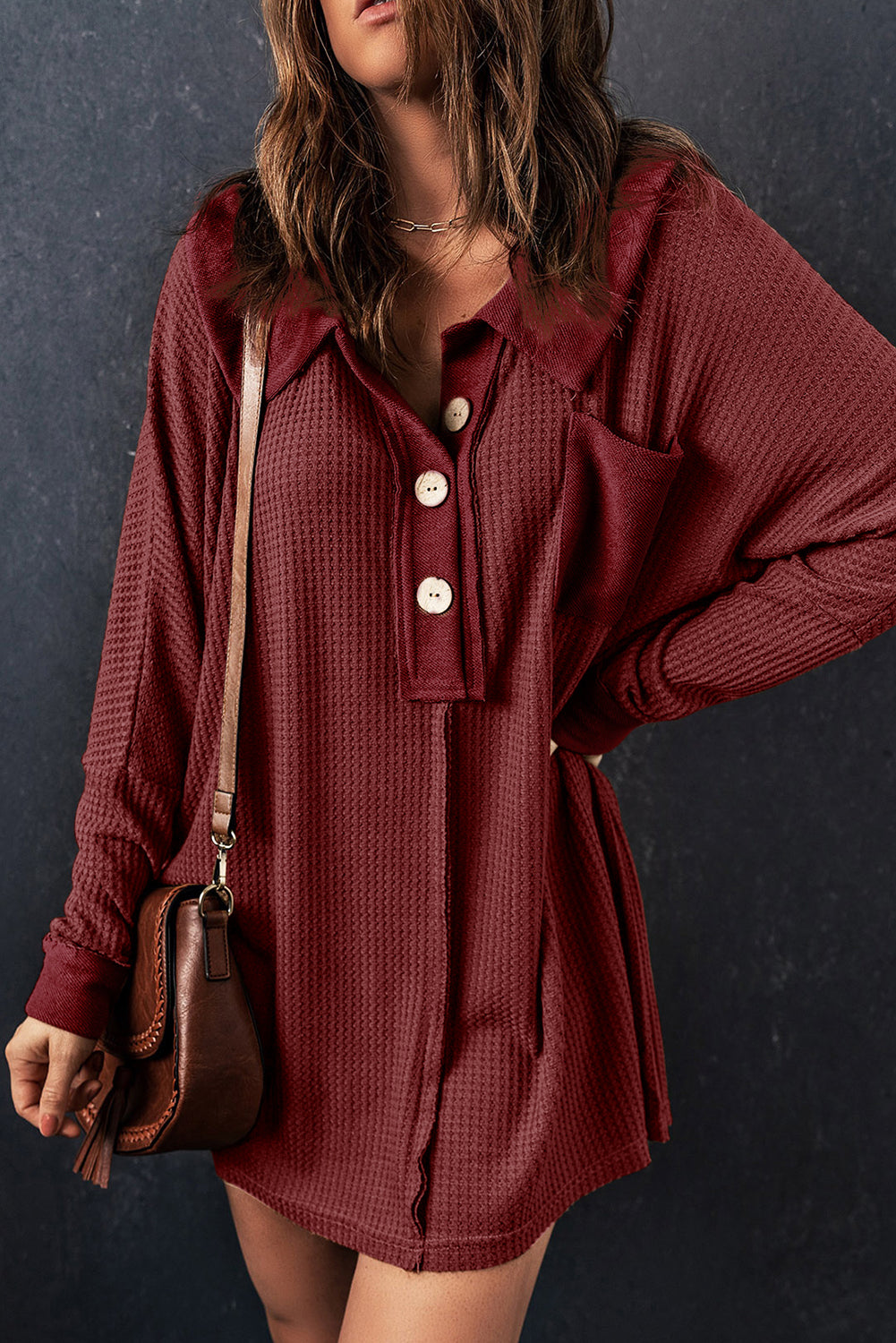 Black Waffle Knit Buttoned Long Sleeve Top