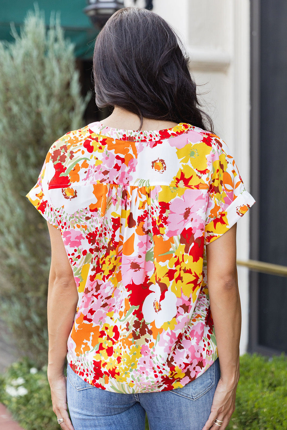 White Boho Floral Print V Neck Short Sleeves Top