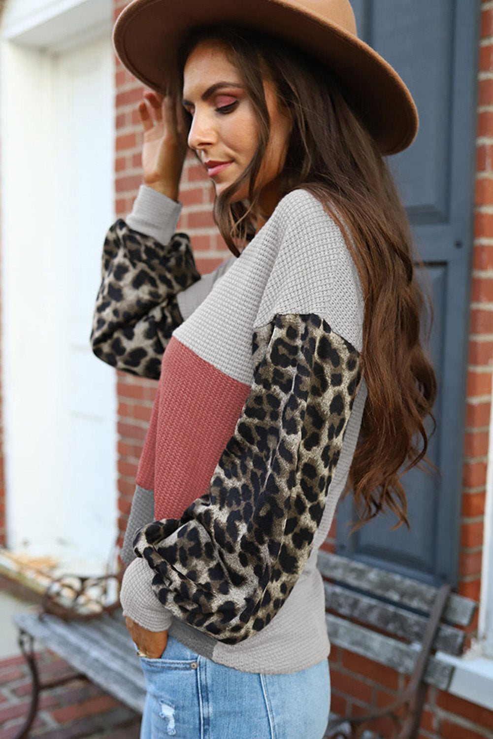 Apricot Wild Leopard Contrast Sleeve Colorblock Waffle Knit Top