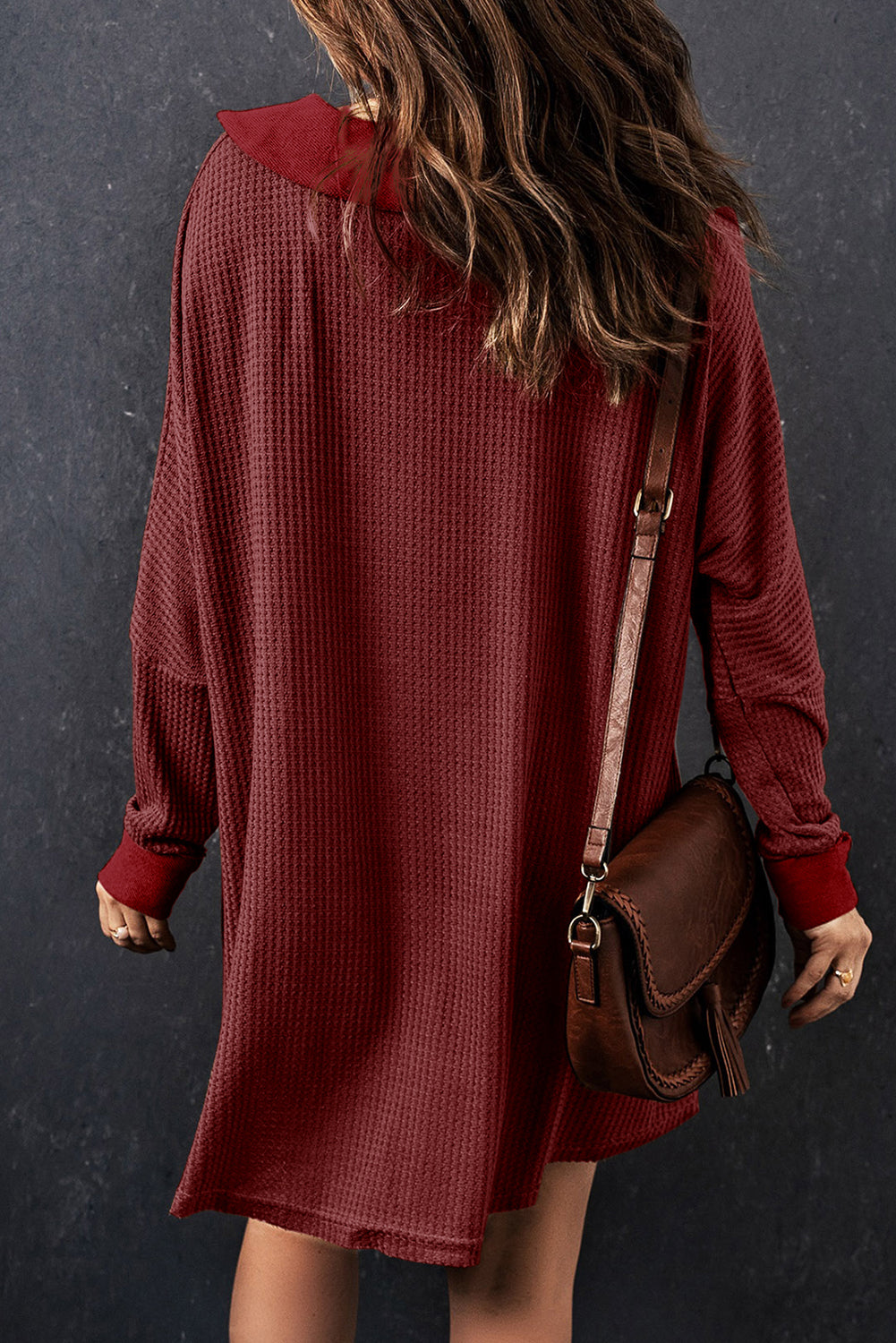 Black Waffle Knit Buttoned Long Sleeve Top