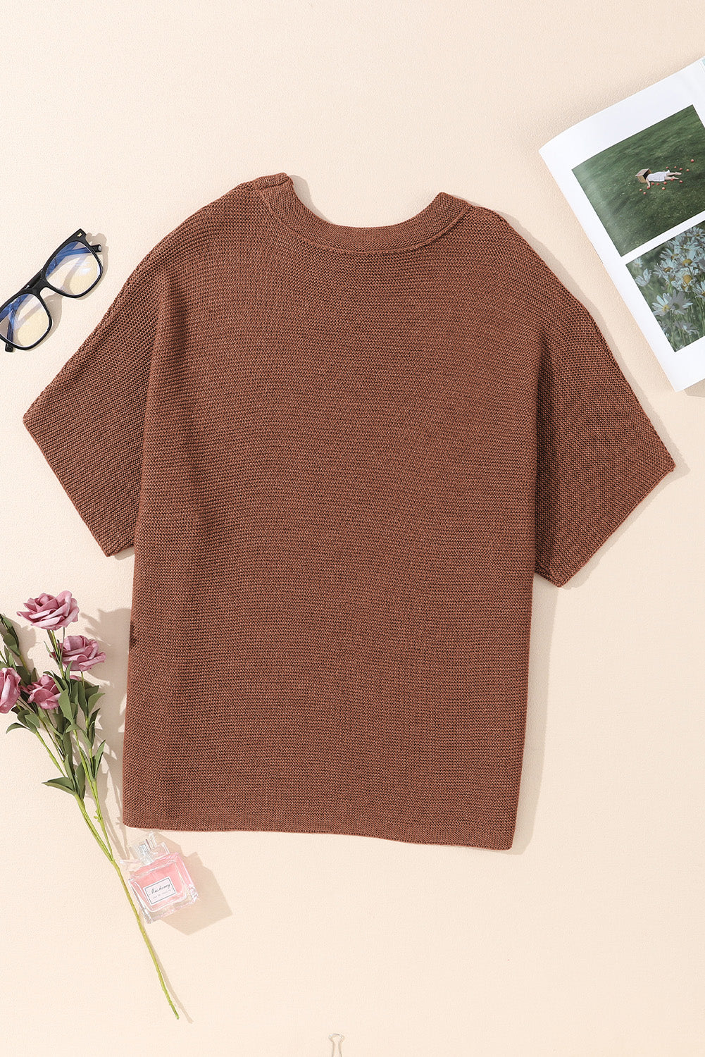 Apricot High Neck Short Bat Sleeve Sweater