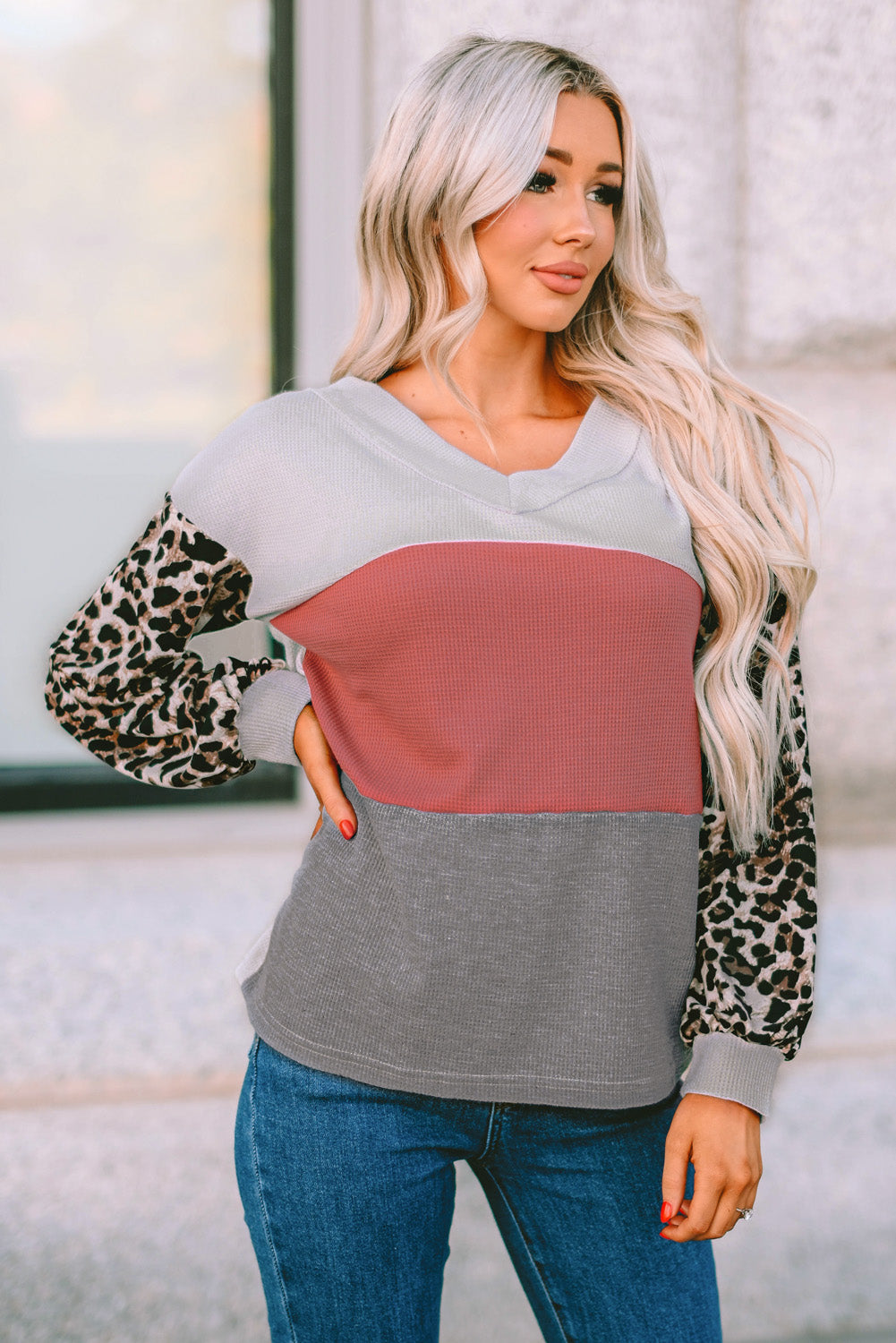Apricot Wild Leopard Contrast Sleeve Colorblock Waffle Knit Top