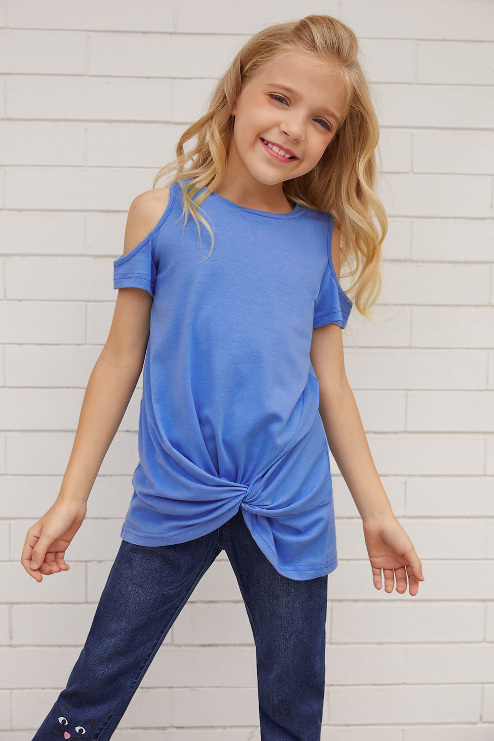 Black Cold Shoulder Twist Girls Short Sleeves Top