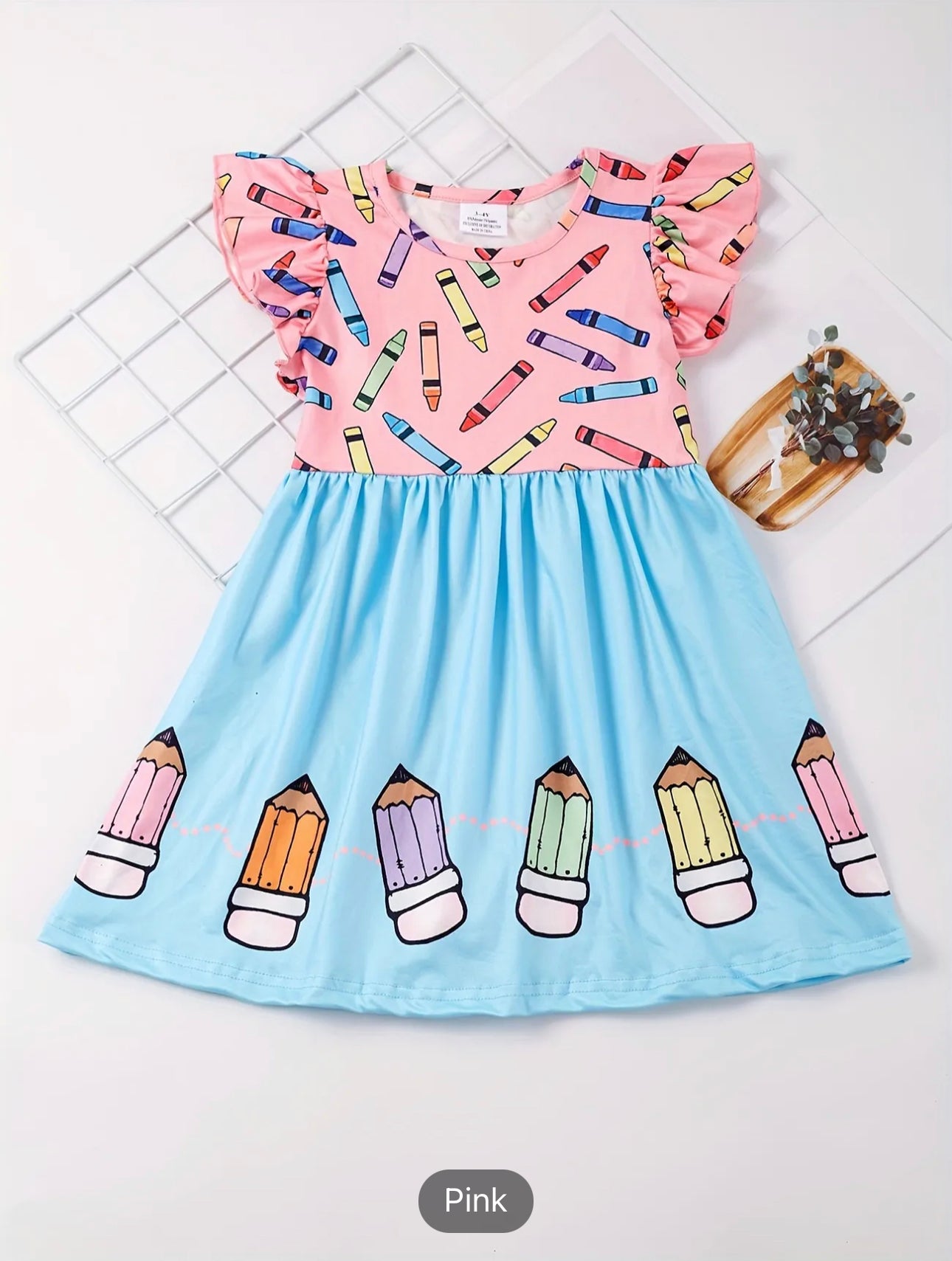 Toddler Girls Ruffle Trim Colorful Crayon Graphic Princess Dress For Back To School Season Party, Cute Kids Summer Clothes
