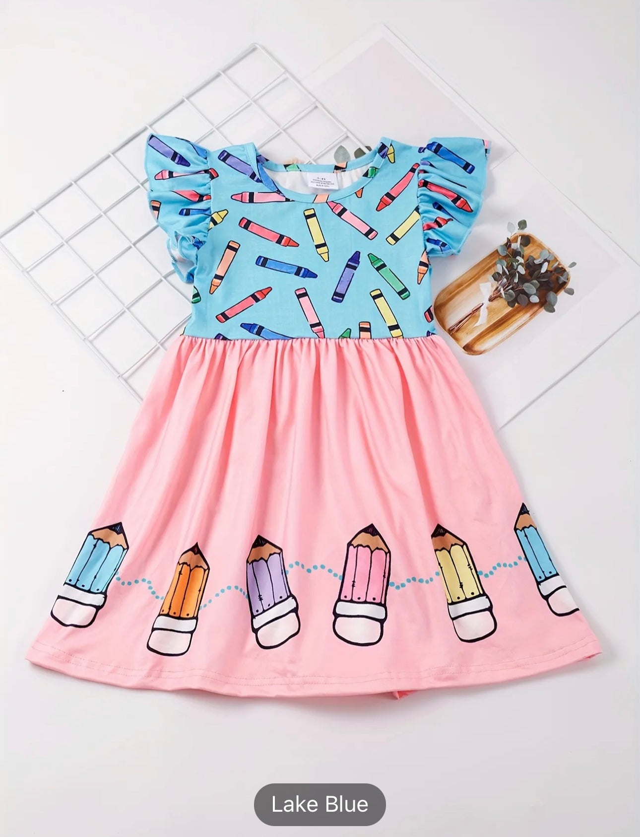 Toddler Girls Ruffle Trim Colorful Crayon Graphic Princess Dress For Back To School Season Party, Cute Kids Summer Clothes