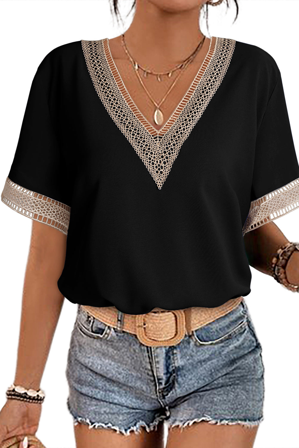 Lace Trim V Neck Short Sleeve Blouse