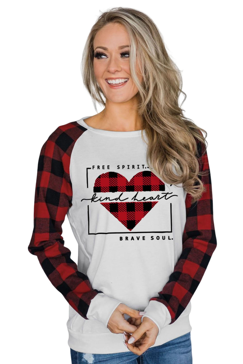 Plaid Heart Shaped Letter Color Block Long Sleeve Top