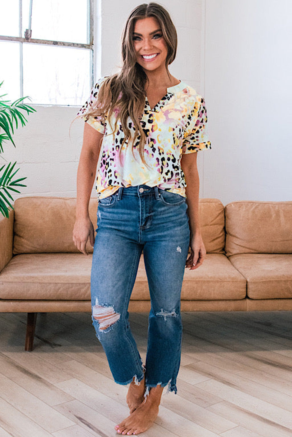 Dyed Notch V Neck Blouse