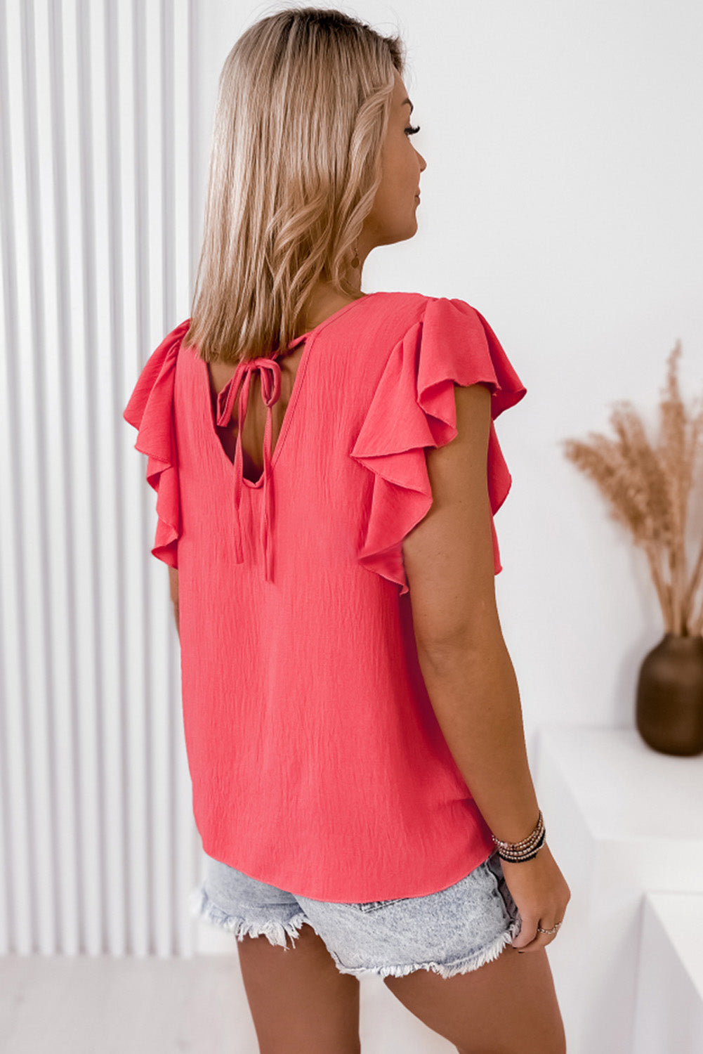V Neck Ruffle Sleeve Loose Top