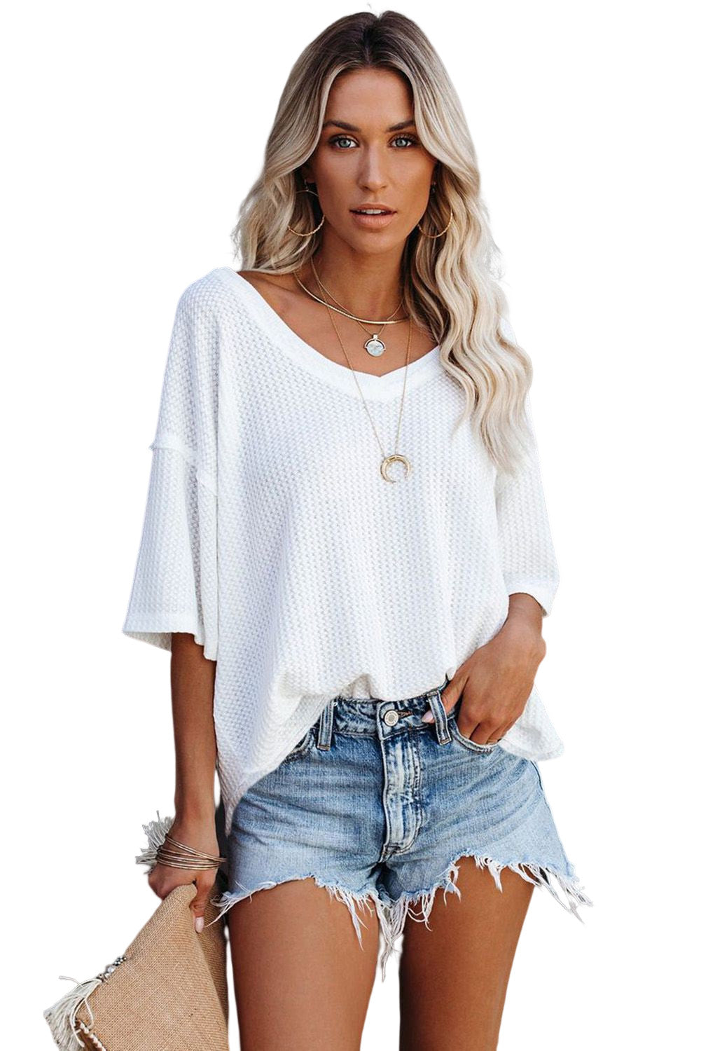 Waffle Knit Drop Shoulder Loose Top