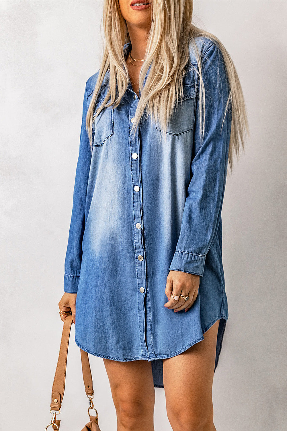 Flap Pockets Snap Button Denim Mini Dress