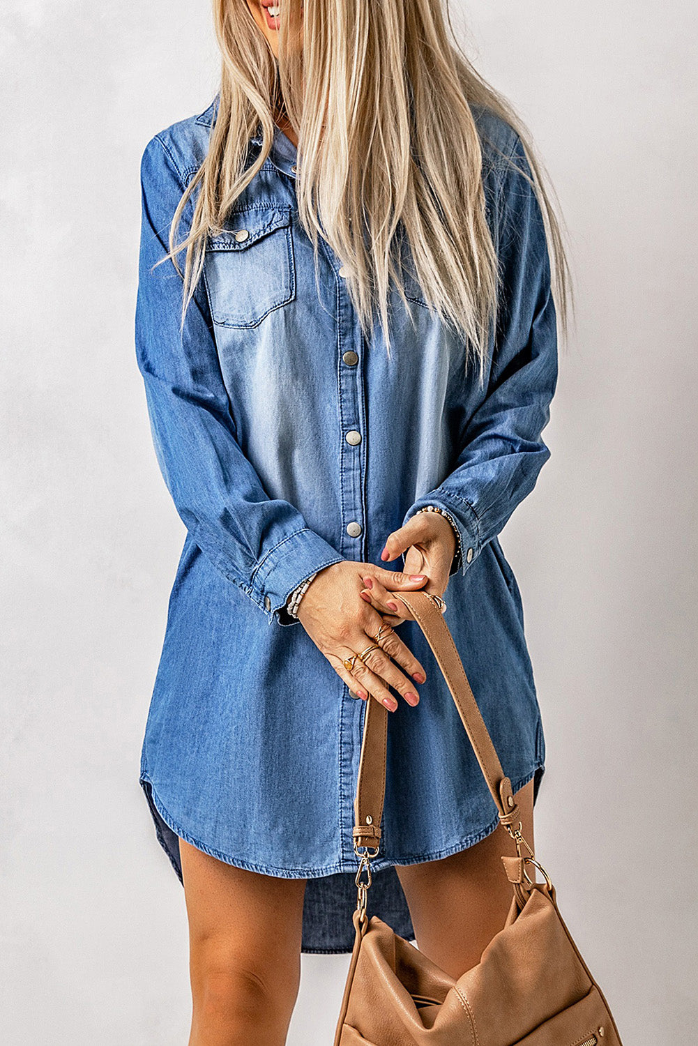 Flap Pockets Snap Button Denim Mini Dress