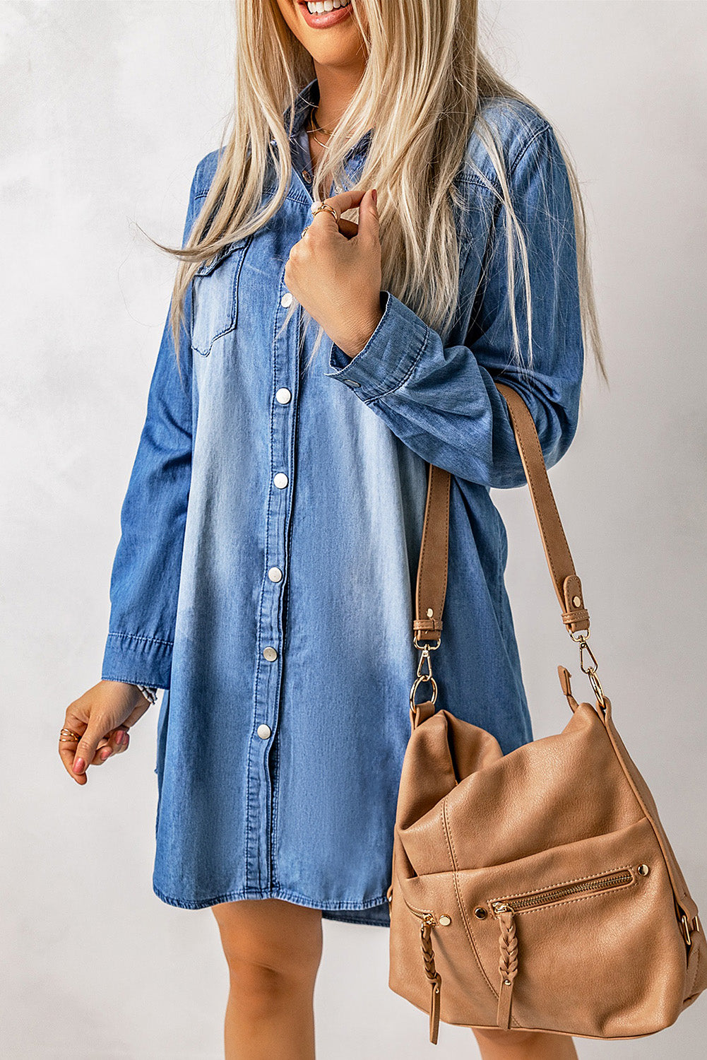 Flap Pockets Snap Button Denim Mini Dress