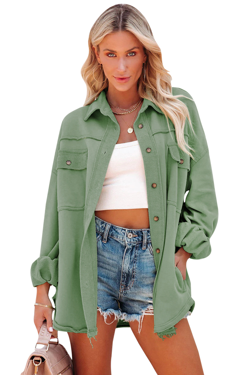 Buttoned Long Sleeve Pocketed Shirt Jacket